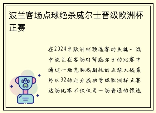 波兰客场点球绝杀威尔士晋级欧洲杯正赛